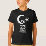 Çocuk 23 Nisan Ulusal Egemenlik ve Çocuk Bayramı Baskılı Bisiklet Yaka T-shirt - Siyah