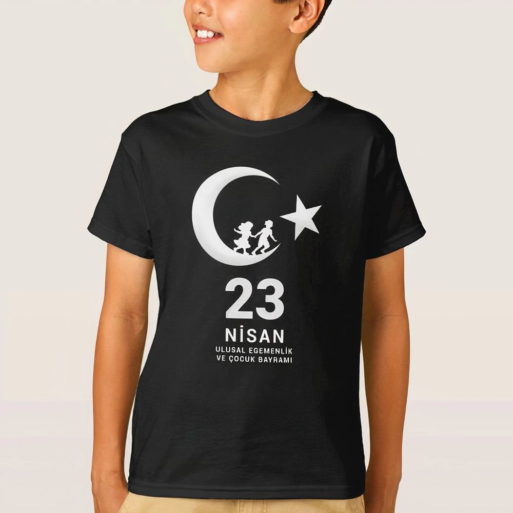 Çocuk 23 Nisan Ulusal Egemenlik ve Çocuk Bayramı Baskılı Bisiklet Yaka T-shirt - Siyah
