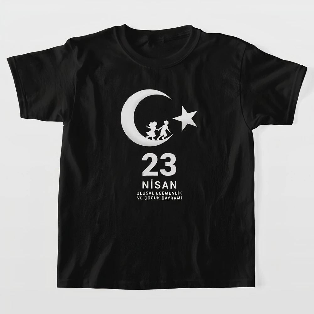 Çocuk 23 Nisan Ulusal Egemenlik ve Çocuk Bayramı Baskılı Bisiklet Yaka T-shirt - Siyah