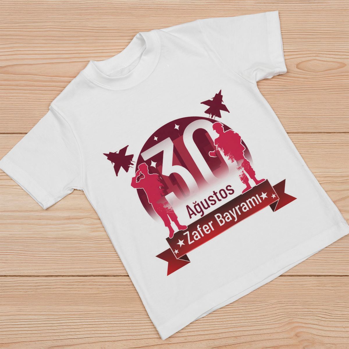 Ağustos Zafer Bayramı Atatürk Baskılı Kısa Kollu Bisiklet Yaka T-shirt - Beyaz