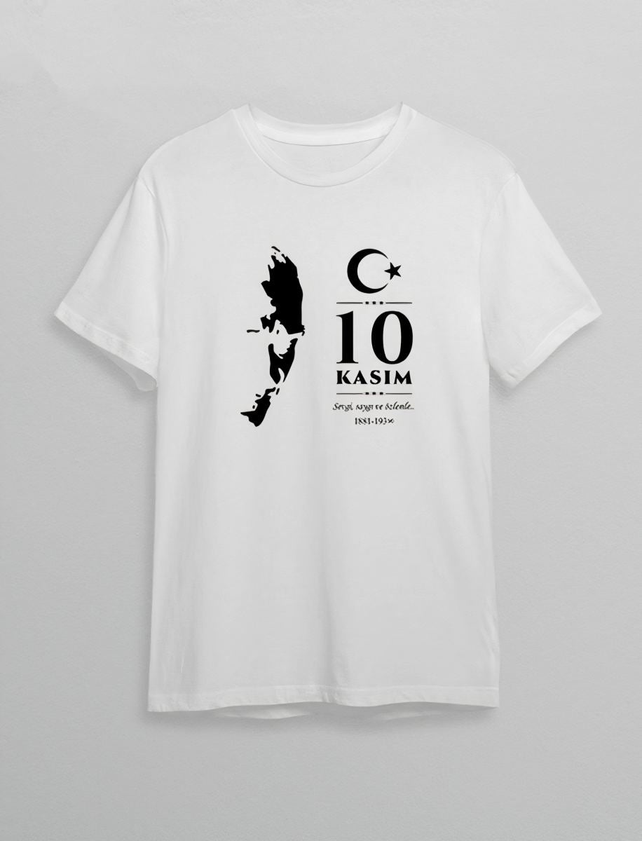 10 Kasım Atatürk Anma Günü Silüet Baskılı Oversize Bisiklet Yaka T-shirt - Beyaz