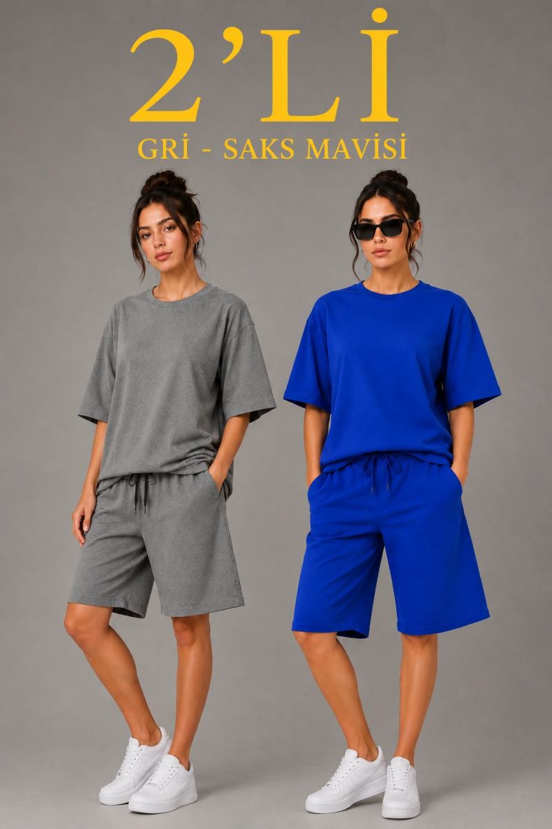 Kadın 2’li Oversize Tişört Şort Takım Seti Yazlık İki İplik Kumaş - Gri, Saks Mavisi