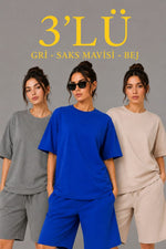 Kadın 3’lü Oversize Tişört Şort Takım Seti Yazlık İki İplik Kumaş - Gri, Saks Mavisi, Bej