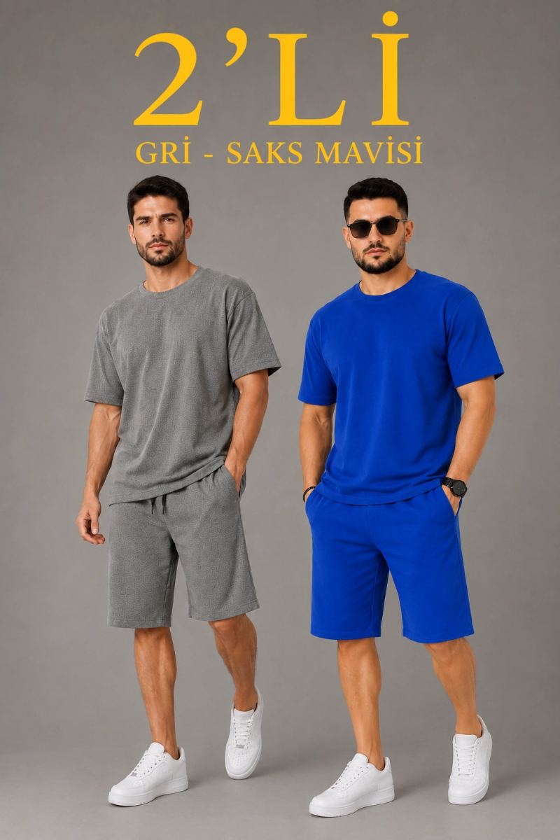 Erkek 2’li Oversize Tişört Şort Takım Seti Yazlık İki İplik Kumaş - Gri, Saks Mavisi