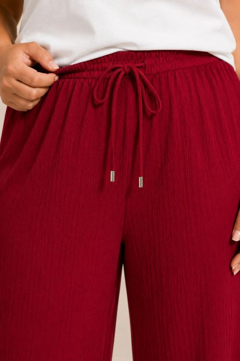 Kadın Battal Beden Bürümcük Kumaş Beli Lastikli Bağcıklı Bol Paça Palazzo Pantolon - Bordo