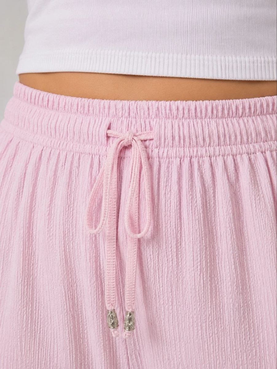 Kadın Battal Beden Bürümcük Kumaş Beli Lastikli Bağcıklı Bol Paça Palazzo Pantolon - Pembe