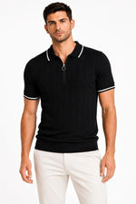 Erkek Fitilli Triko T-shirt Polo Yaka Yarım Fermuarlı Kısa Kollu Tişört - Siyah