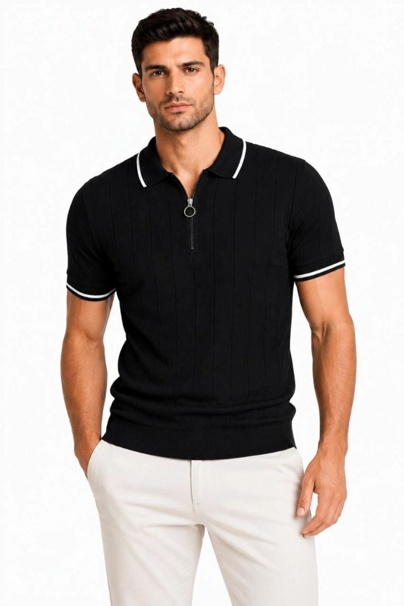 Erkek Fitilli Triko T-shirt Polo Yaka Yarım Fermuarlı Kısa Kollu Tişört - Siyah