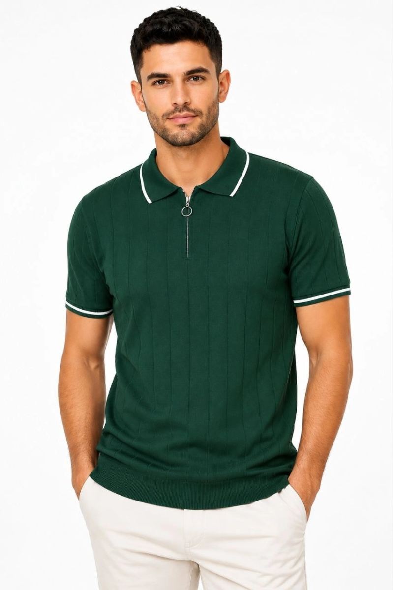 Erkek Fitilli Triko T-shirt Polo Yaka Yarım Fermuarlı Kısa Kollu Tişört - Yeşil