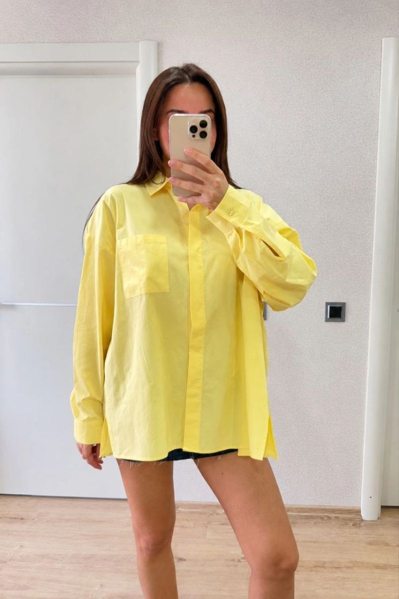 Kadın Oversize Pens Detaylı Cepli Yırtmaçlı Rahat Kalıp Poplin Gömlek - Sarı