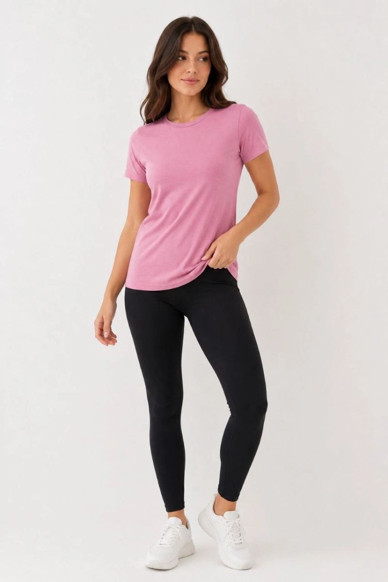 Kadın Basic Bisiklet Yaka Yazlık Slim fit T-Shirt - Pudra Pembe & Petrol Mavi