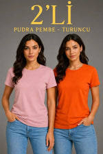 Kadın Basic Bisiklet Yaka Yazlık Slim fit T-Shirt - Pudra Pembe & Turuncu