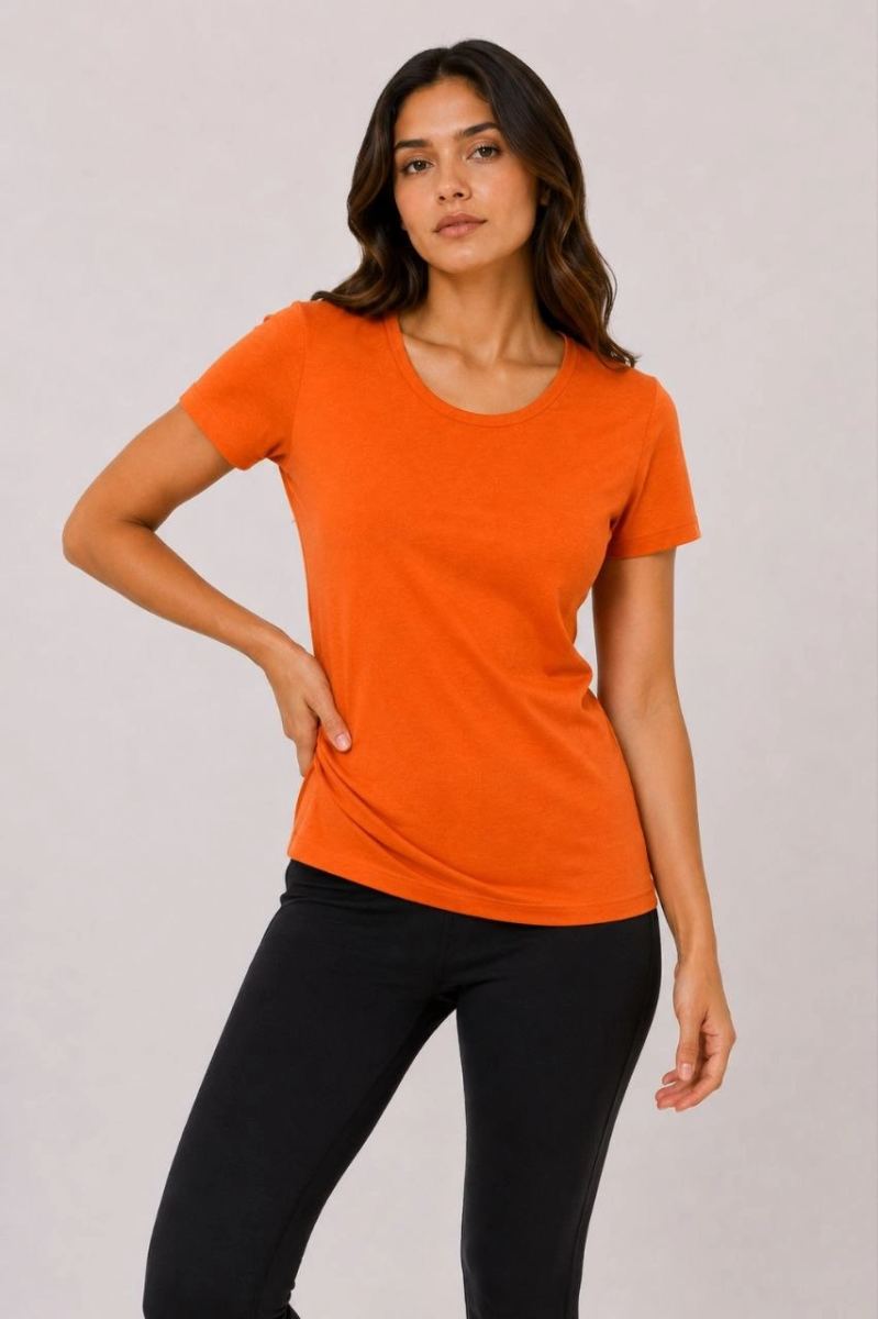 Kadın Basic Bisiklet Yaka Yazlık Slim fit T-Shirt - Pudra Pembe & Turuncu