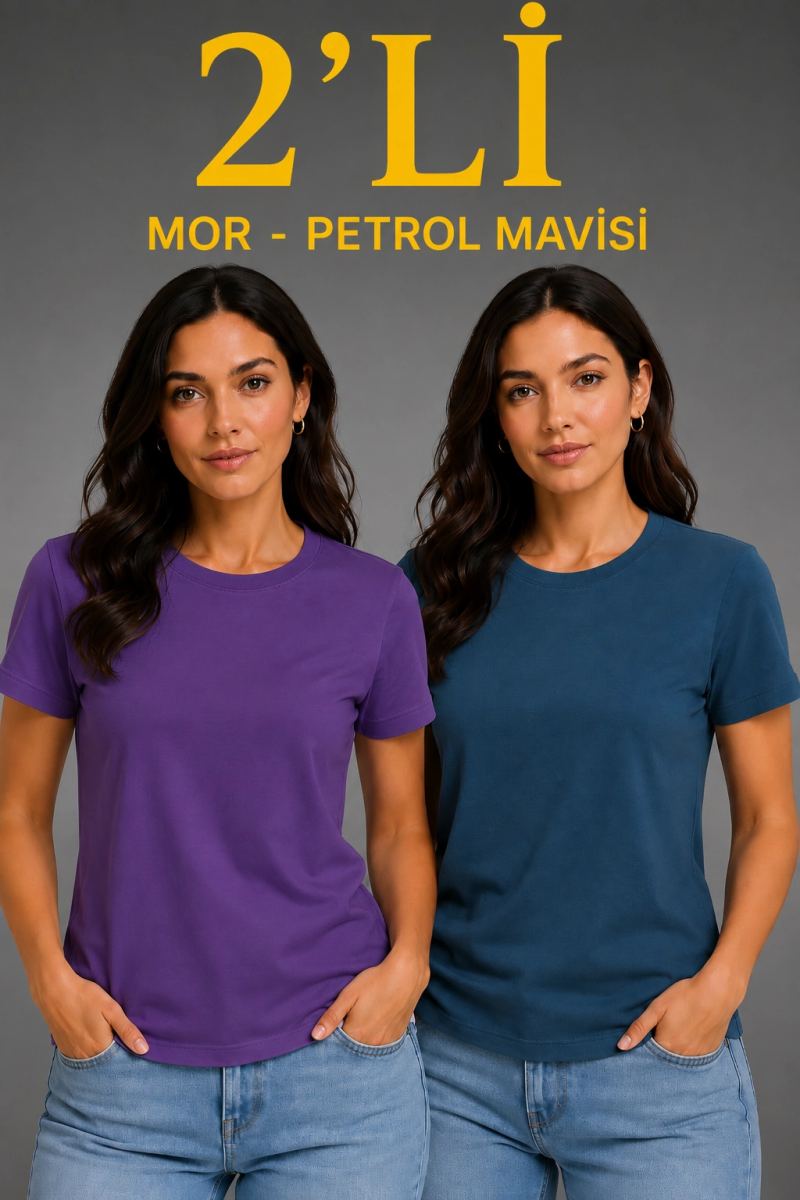 Kadın Basic Bisiklet Yaka Yazlık Slim fit T-Shirt - Mor & Petrol Mavisi