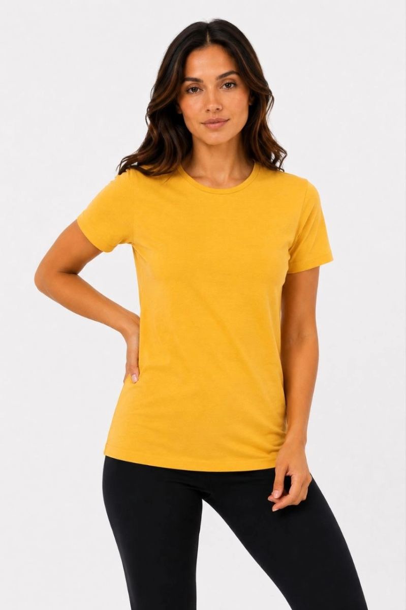 Kadın Basic Bisiklet Yaka Yazlık Slim fit T-Shirt - Mavi & Hardal Sarısı