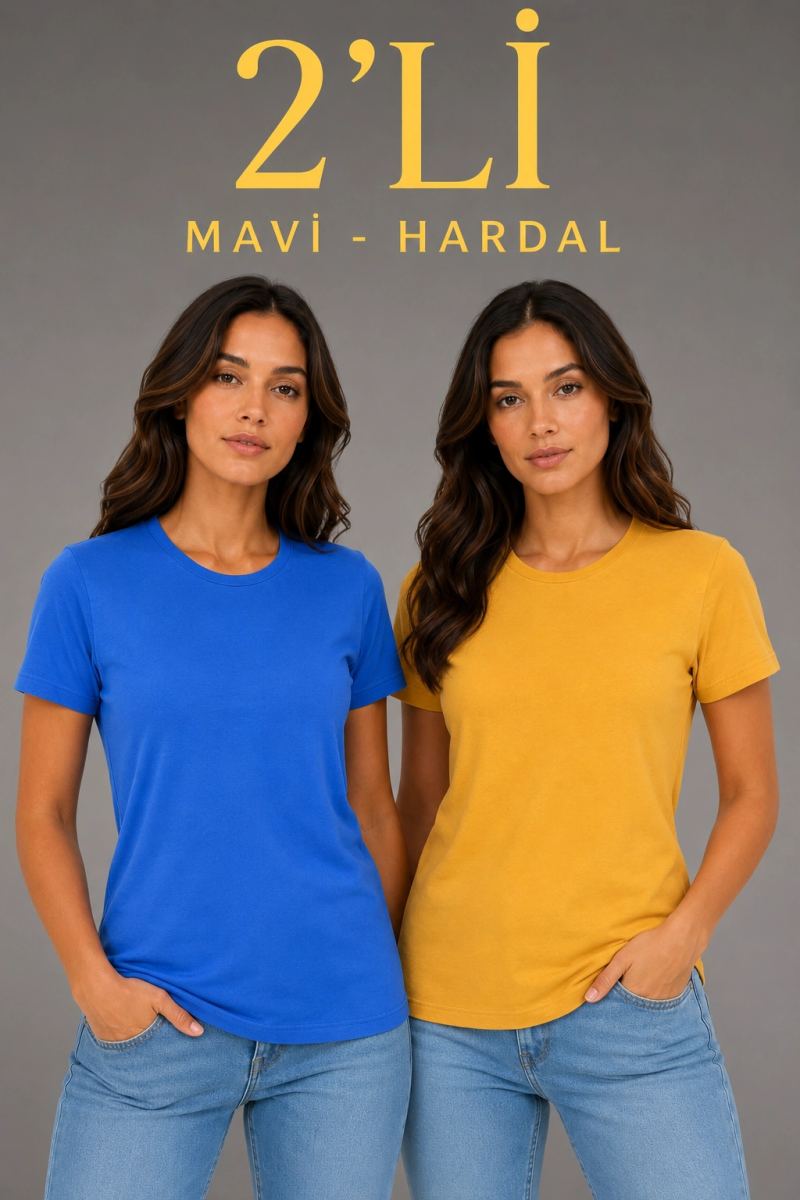 Kadın Basic Bisiklet Yaka Yazlık Slim fit T-Shirt - Mavi & Hardal Sarısı