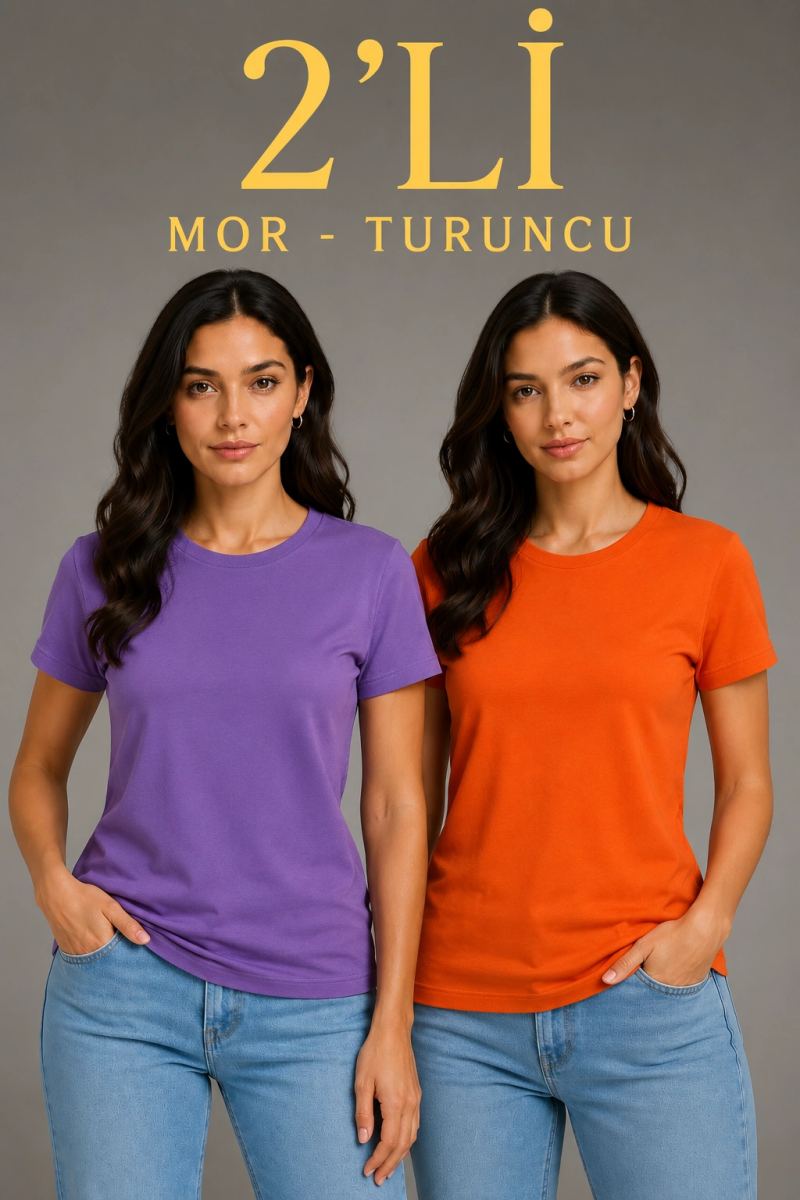 Kadın Basic Bisiklet Yaka Yazlık Slim fit T-Shirt - Mor  & Turuncu