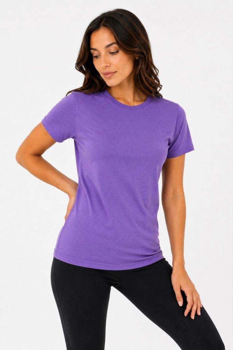 Kadın Basic Bisiklet Yaka Yazlık Slim fit T-Shirt - Mor  & Turuncu