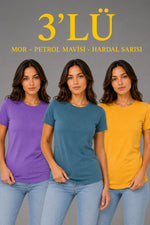 Kadın 3’lü Kısa Kollu Bisiklet Yaka Basic Slim Fit T-Shirt - Mor - Petrol Mavisi - Hardal