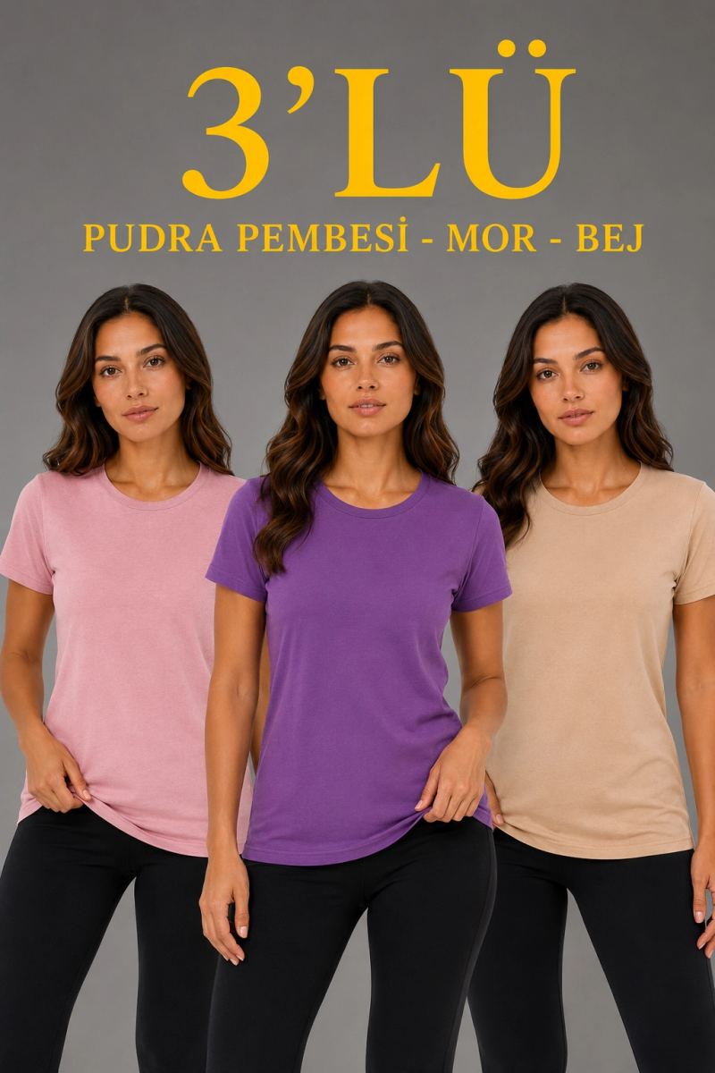 Kadın 3’lü Kısa Kollu Bisiklet Yaka Basic Slim Fit T-Shirt - Pudra Pembe - Mor - Bej