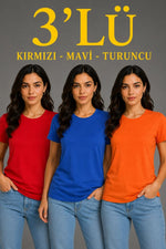 Kadın 3’lü Kısa Kollu Bisiklet Yaka Basic Slim Fit T-Shirt - Kırmızı - Mavi - Turuncu