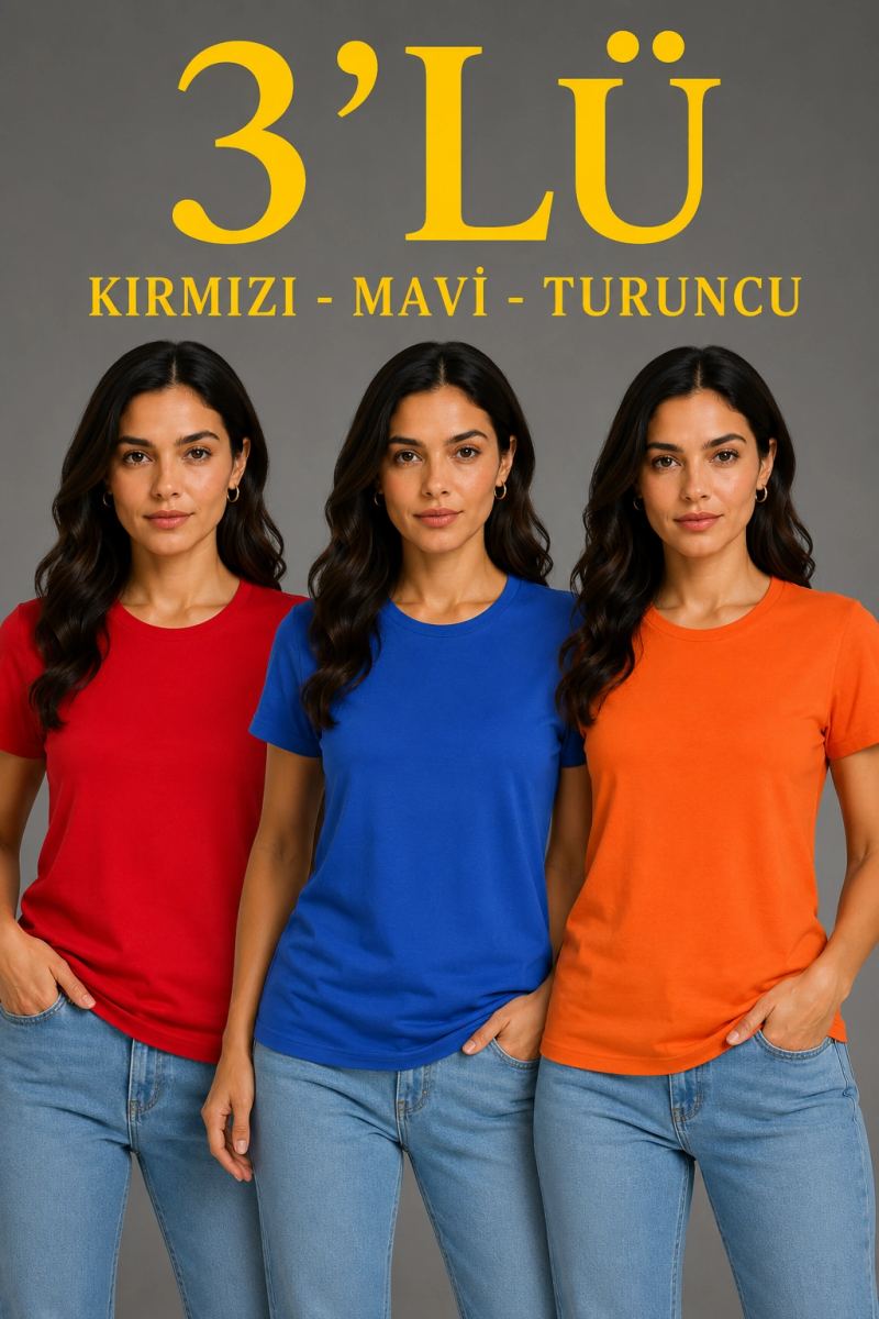 Kadın 3’lü Kısa Kollu Bisiklet Yaka Basic Slim Fit T-Shirt - Kırmızı - Mavi - Turuncu