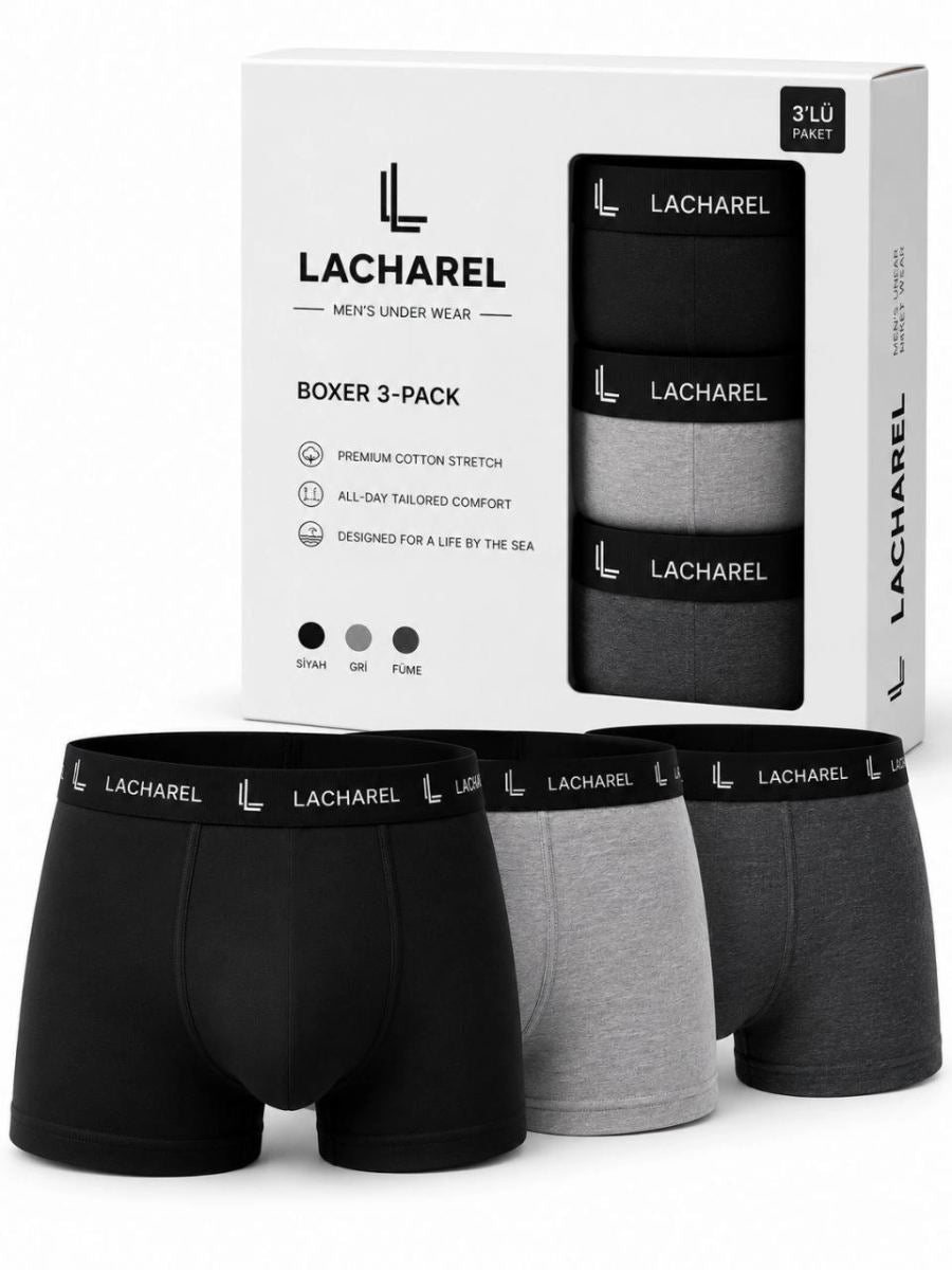 Erkek Likralı Pamuklu Nefes Alan Penye Boxer 3'lü Paket - Siyah - Gri - Füme