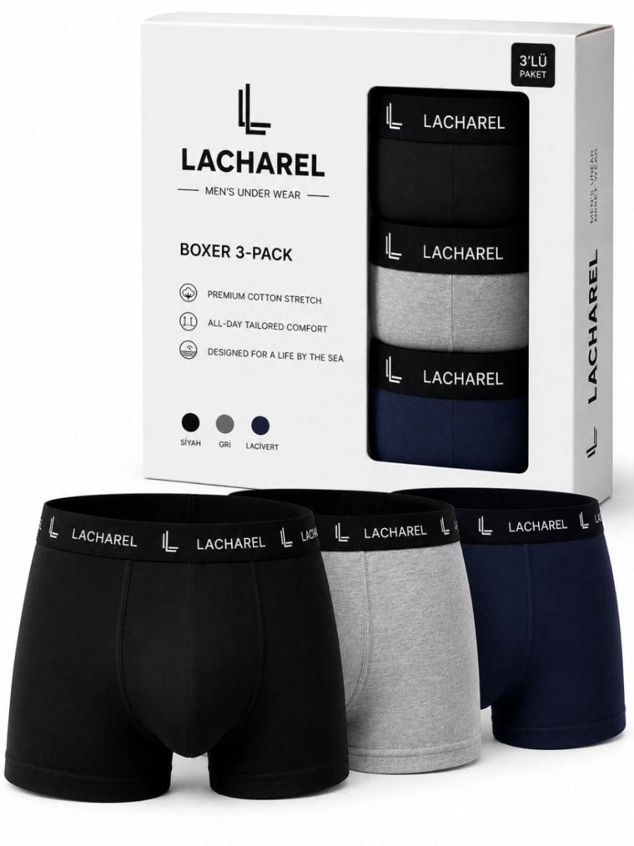 Erkek Likralı Pamuklu Nefes Alan Penye Boxer 3'lü Paket - Siyah - Gri - Lacivert