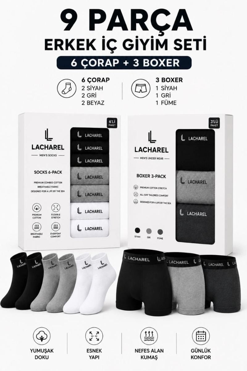 Erkek 9'Lu İç Giyim Seti Pamuklu 3 Boxer 6 Çorap Çoklu Paket - Siyah - Füme - Gri - Beyaz