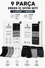 Erkek 9'Lu İç Giyim Seti Pamuklu 3 Boxer 6 Çorap Çoklu Paket - Siyah - Füme - Gri - Beyaz