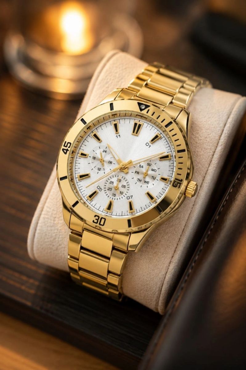 Erkek Gold Renk Metal Kordon Analog Kol Saati Beyaz Kadran Takvim Göstergeli