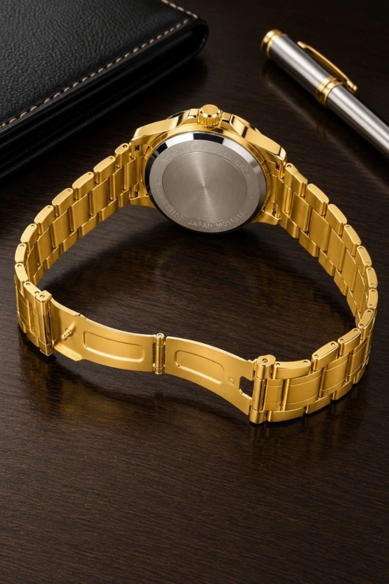 Erkek Gold Renk Metal Kordon Analog Kol Saati Beyaz Kadran Takvim Göstergeli