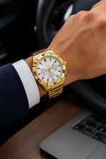 Erkek Gold Renk Metal Kordon Analog Kol Saati Beyaz Kadran Takvim Göstergeli