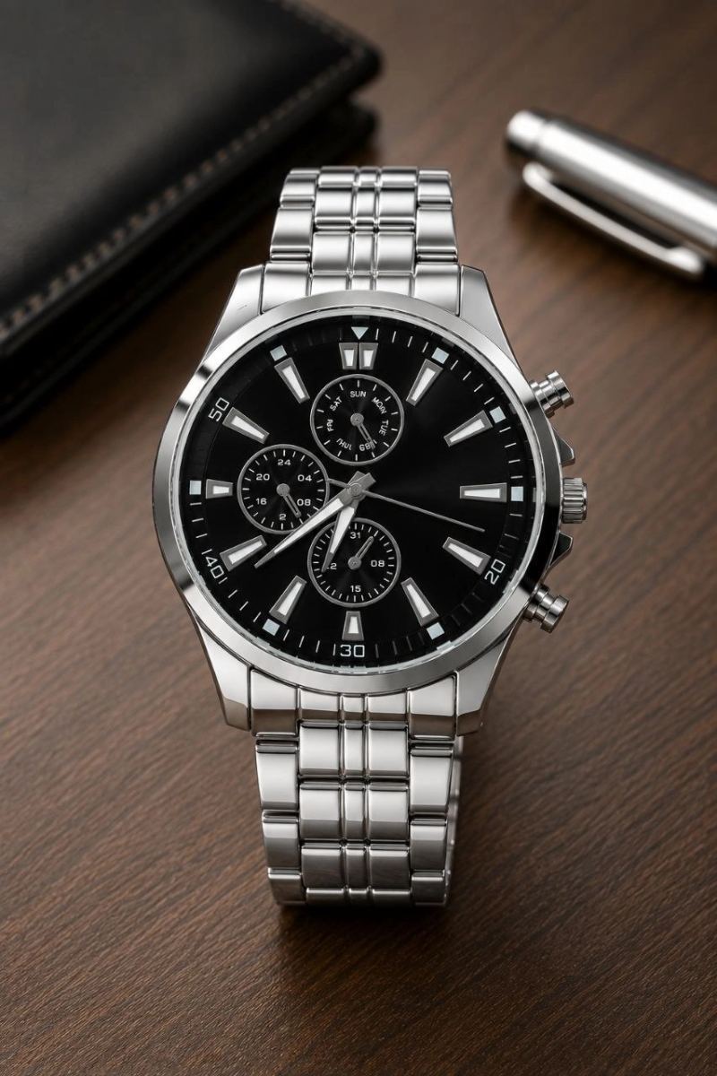 Erkek Gümüş Renk Metal Kordon Analog Kol Saati Takvim Göstergeli Siyah Kadran - Gümüş