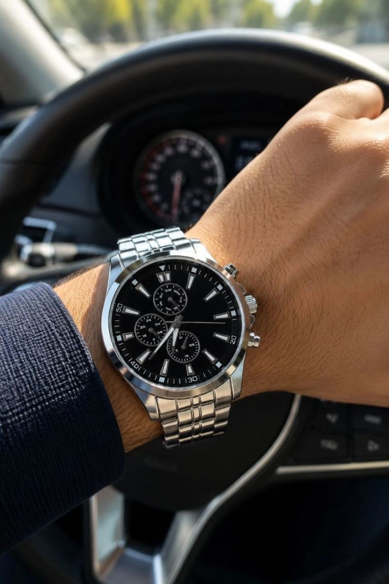 Erkek Gümüş Renk Metal Kordon Analog Kol Saati Takvim Göstergeli Siyah Kadran - Gümüş