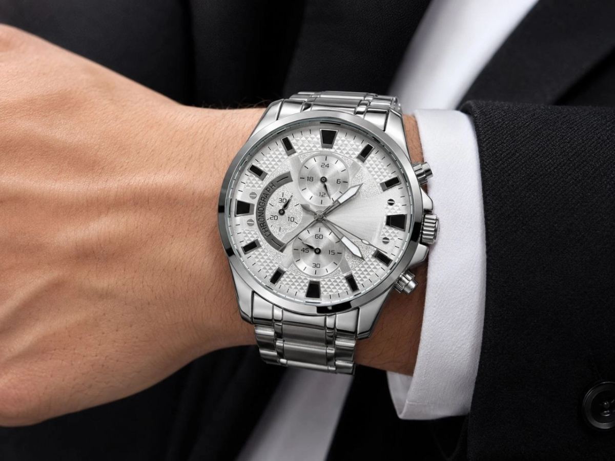 Erkek Gümüş Renk Metal Kordon Analog Kol Saati 24 Saat Takvim Göstergeli Gri Kadran - Gümüş