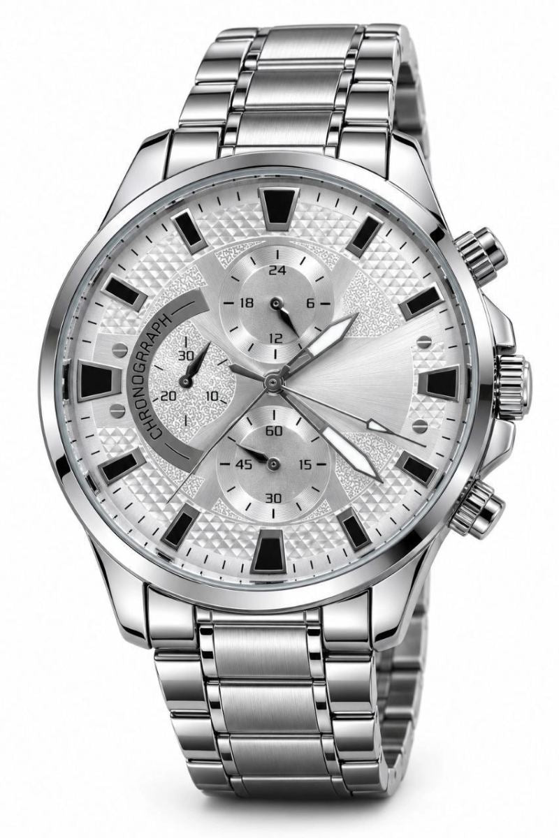 Erkek Gümüş Renk Metal Kordon Analog Kol Saati 24 Saat Takvim Göstergeli Gri Kadran - Gümüş