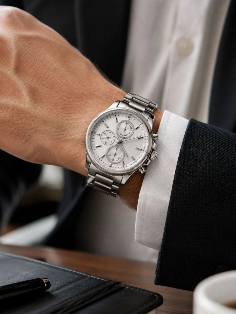 Erkek Gümüş Renk Metal Kordon Analog Kol Saati Takvim Göstergeli Beyaz Kadran - Gümüş