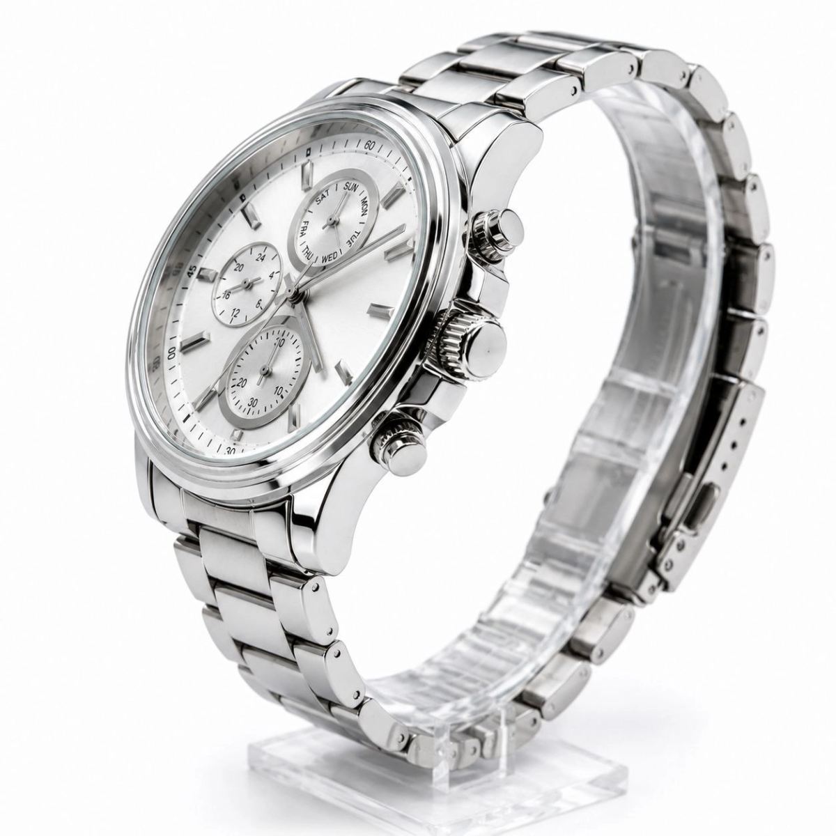 Erkek Gümüş Renk Metal Kordon Analog Kol Saati Takvim Göstergeli Beyaz Kadran - Gümüş