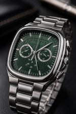 Erkek Gümüş Metal Kordon Analog Kol Saati Yeşil Kadran Takvim Göstergeli - Gümüş