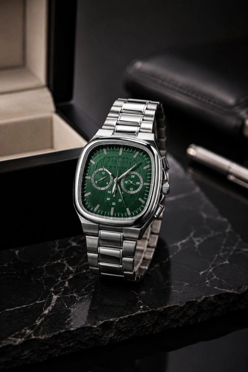 Erkek Gümüş Metal Kordon Analog Kol Saati Yeşil Kadran Takvim Göstergeli - Gümüş