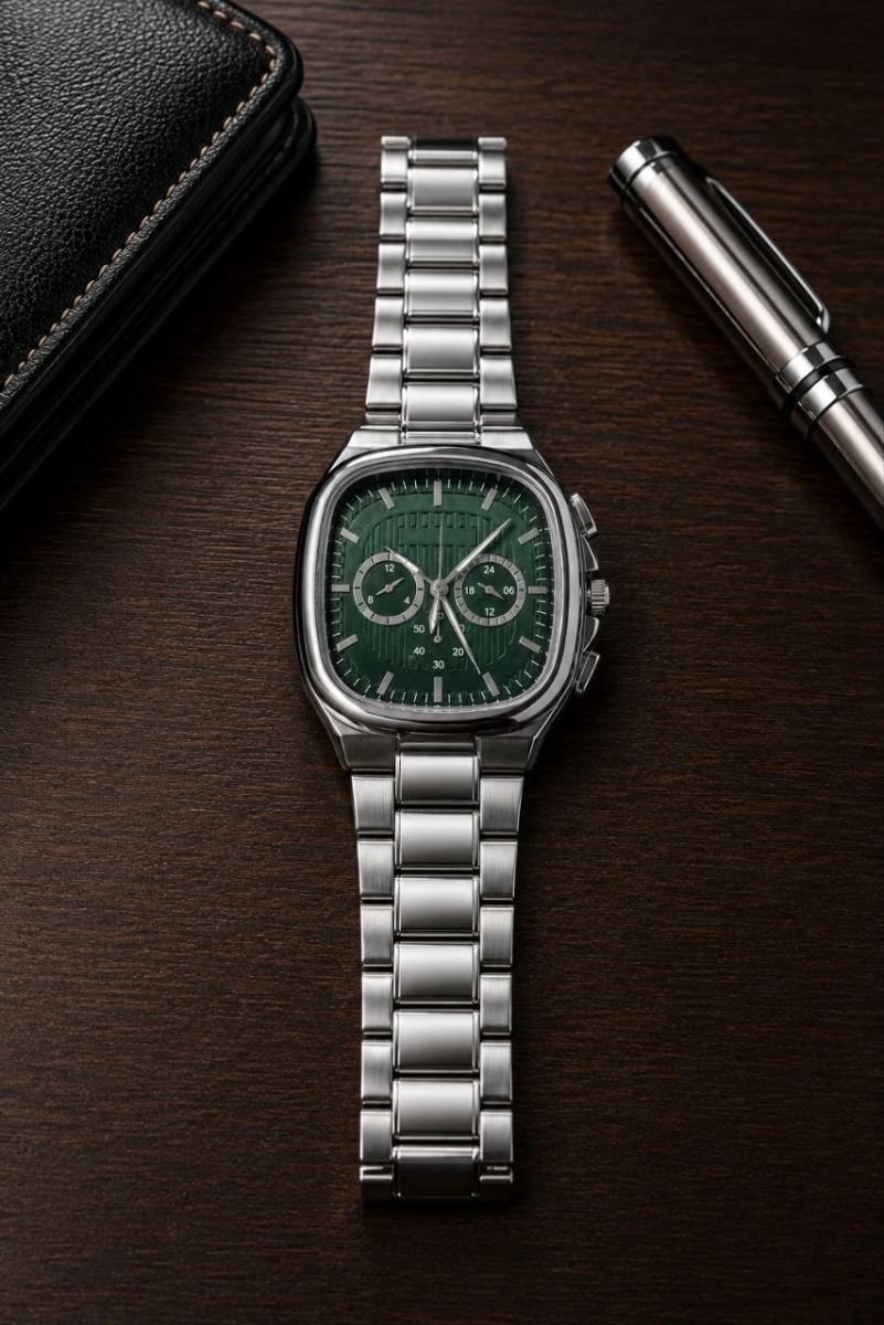 Erkek Gümüş Metal Kordon Analog Kol Saati Yeşil Kadran Takvim Göstergeli - Gümüş