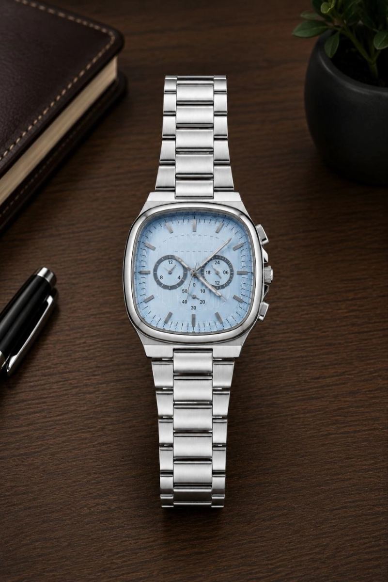 Erkek Gümüş Renk Metal Kordon Analog Kol Saati Çok Fonksiyonlu Beyaz Kadran - Gümüş