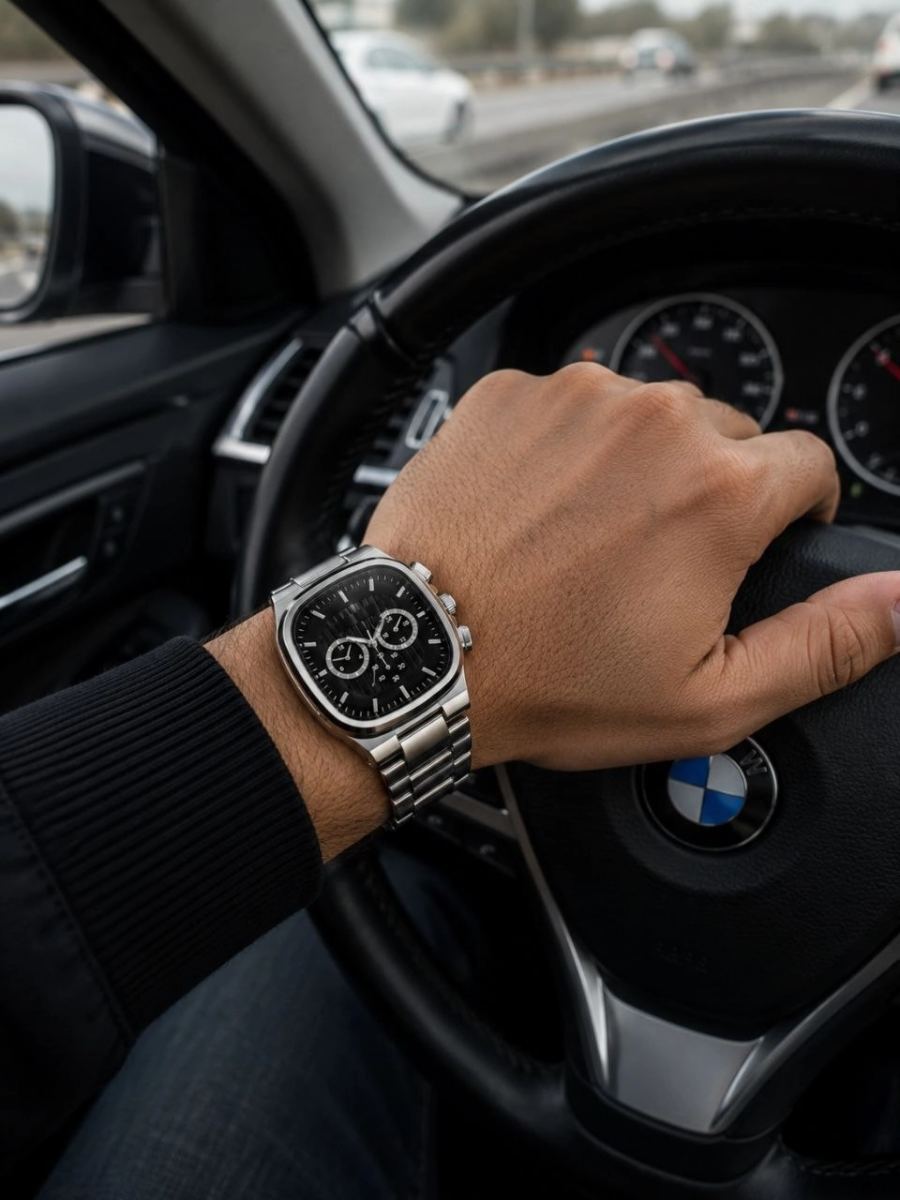 Erkek Gümüş Renk Metal Kordon Analog Kol Saati Siyah Kadran Takvim Göstergeli - Gümüş