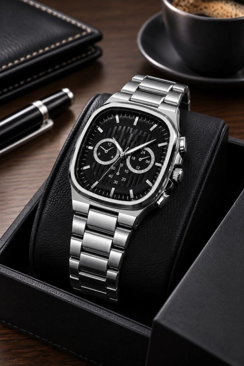 Erkek Gümüş Renk Metal Kordon Analog Kol Saati Siyah Kadran Takvim Göstergeli - Gümüş
