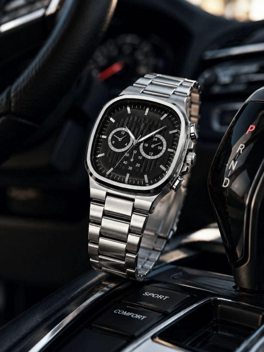 Erkek Gümüş Renk Metal Kordon Analog Kol Saati Siyah Kadran Takvim Göstergeli - Gümüş