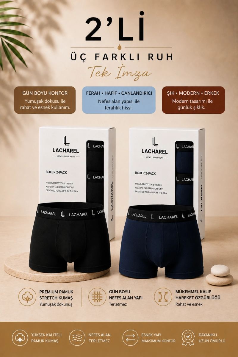 Erkek Likralı Pamuklu Nefes Alan Penye Boxer 2'Li Paket - Siyah & Lacivert
