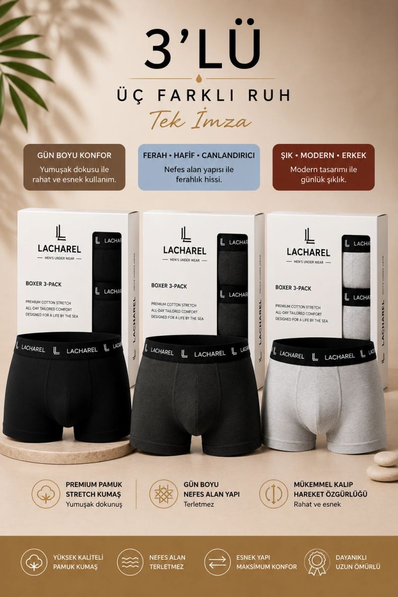 Erkek Likralı Pamuklu Nefes Alan Penye Boxer3'Lü Paket - Siyah & Füme & Gri