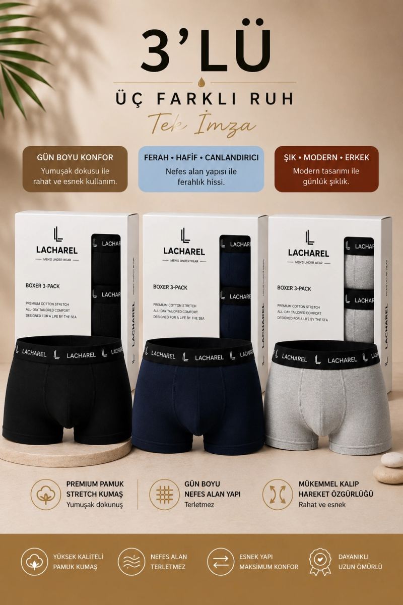 Erkek Likralı Pamuklu Nefes Alan Penye Boxer3'Lü Paket - Siyah & Gri & Lacivert