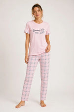 Kadın Pamuklu Penye Summer Baskılı Kısa Kollu Pijama Takımı Ekose Desenli - Pembe